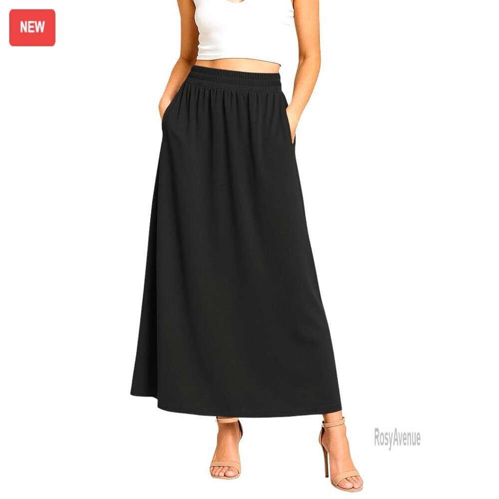 Women's Flowy Maxi Skirt Elastic High Waist A-Line with Pockets